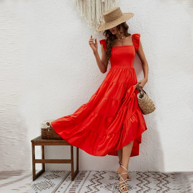 Collarless Short Babs Sleeved Waistband Dress Collarless Short Sleeve Waist-Controlled Long Dress