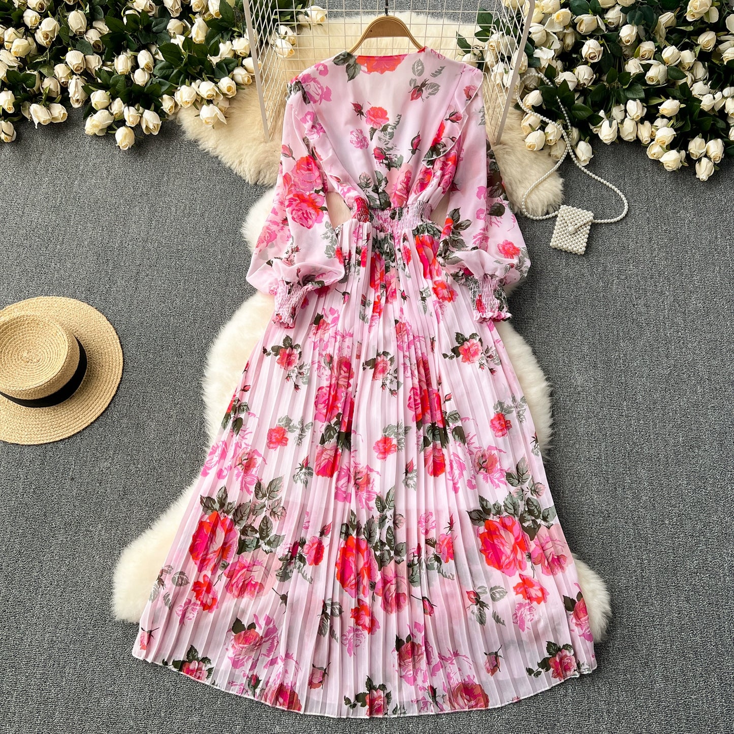 Macy French Style Retro Dress Women's Niche Style Lightly Mature Floral Chiffon Fairy Dress Tight Waist Slim Looking Elegant Pleated Long Dress