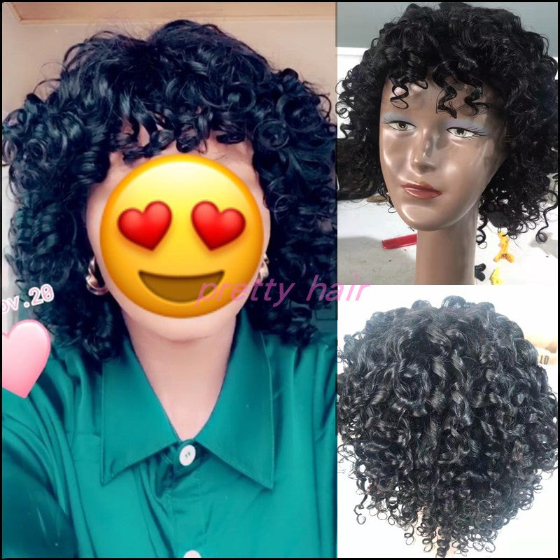 Maxy 10A Bouncy Curly Peruvian Human Hair Glueless Wigs with Bang