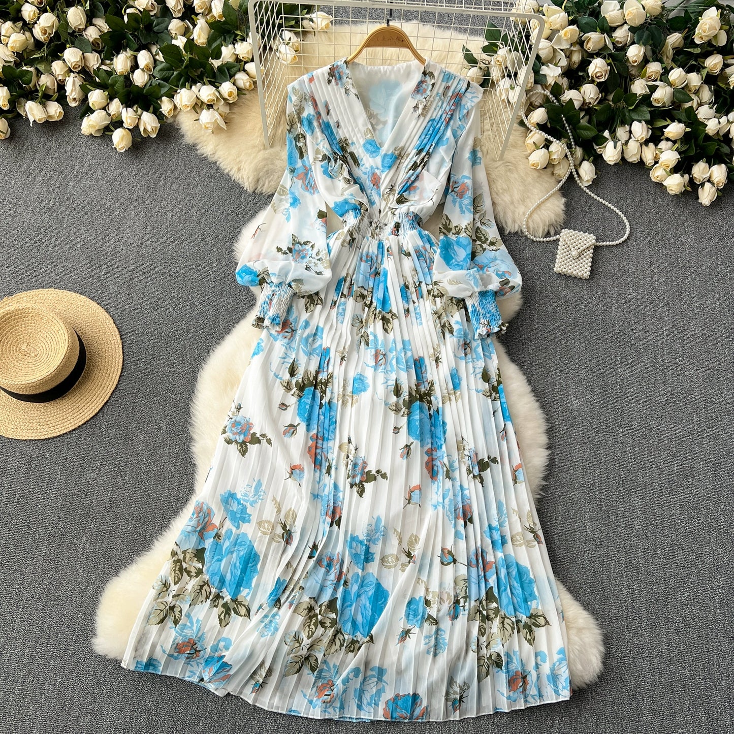 Macy French Style Retro Dress Women's Niche Style Lightly Mature Floral Chiffon Fairy Dress Tight Waist Slim Looking Elegant Pleated Long Dress