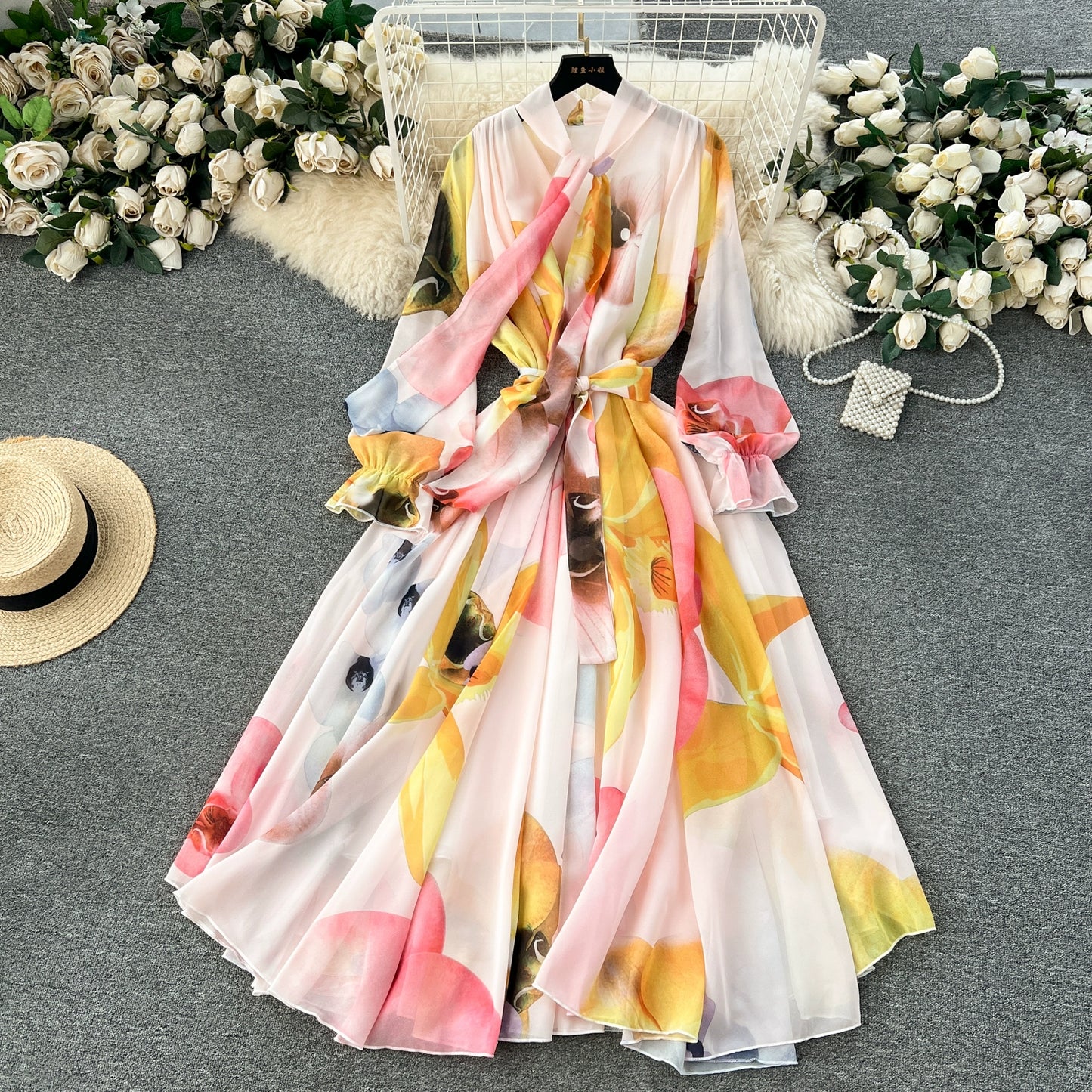 Elegance Graceful Spring Clothing Long Big Swing Chiffon Dress