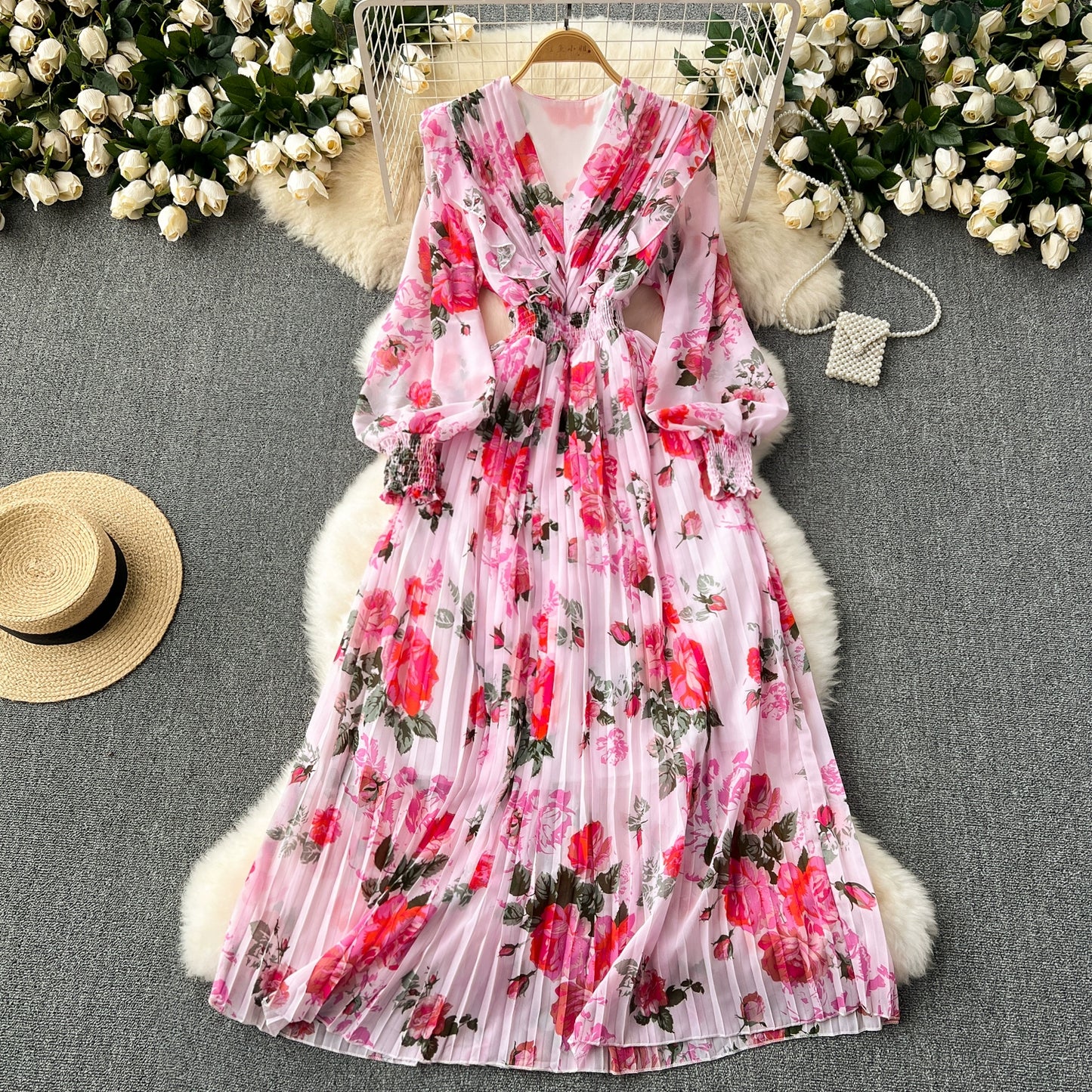 Macy French Style Retro Dress Women's Niche Style Lightly Mature Floral Chiffon Fairy Dress Tight Waist Slim Looking Elegant Pleated Long Dress