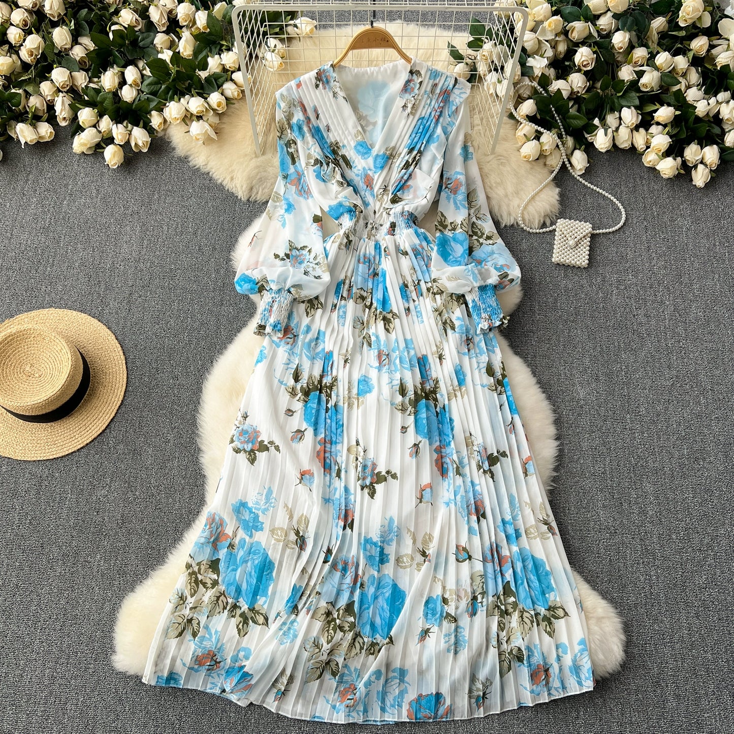 Macy French Style Retro Dress Women's Niche Style Lightly Mature Floral Chiffon Fairy Dress Tight Waist Slim Looking Elegant Pleated Long Dress