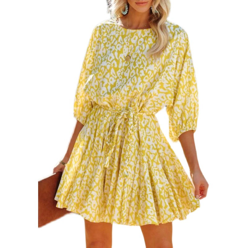 Babs Dress Waist Trimming Lace up European and American-Style Mid-Sleeve Dress