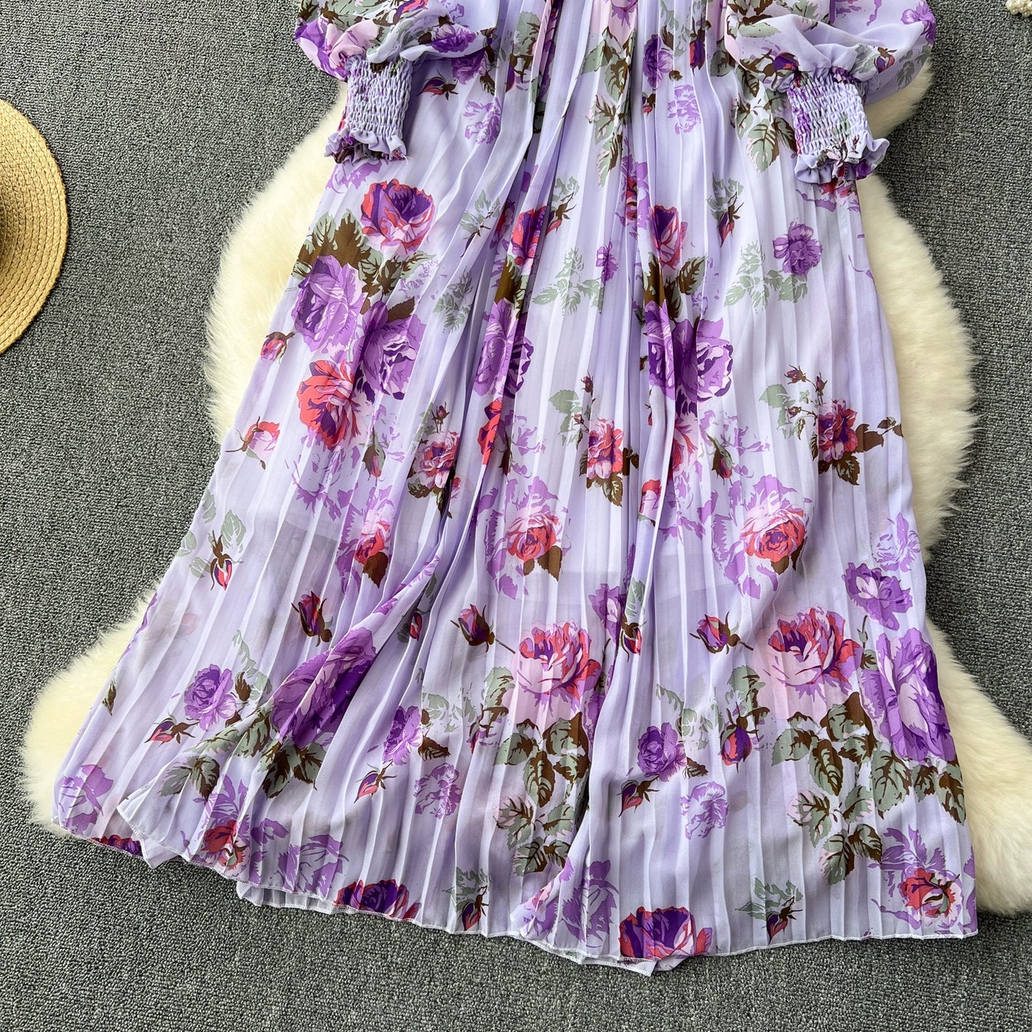 Macy French Style Retro Dress Women's Niche Style Lightly Mature Floral Chiffon Fairy Dress Tight Waist Slim Looking Elegant Pleated Long Dress