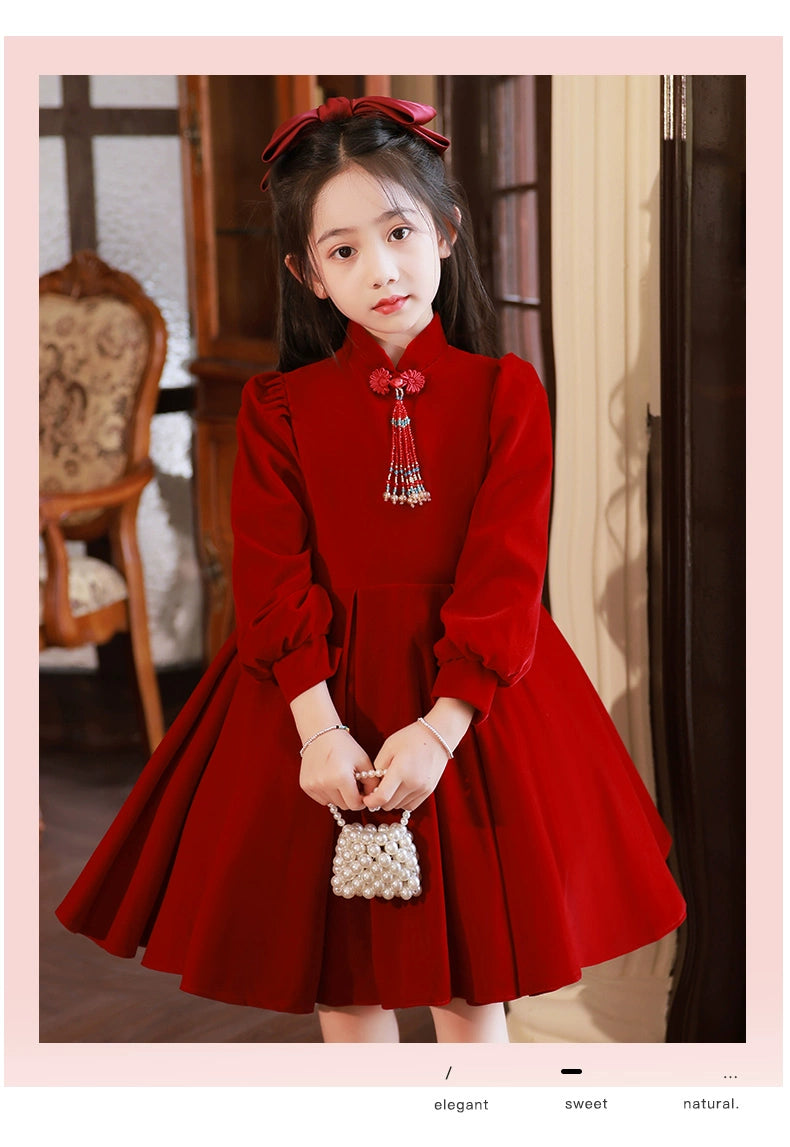 Macy Red High-End Long-Sleeved Piano Performance Children's Dress