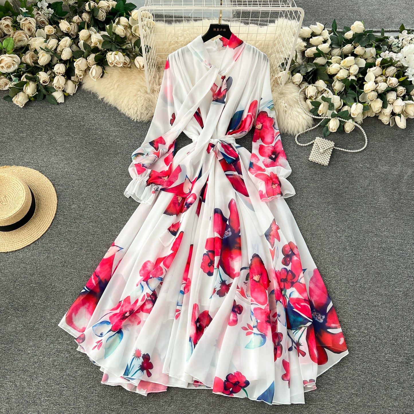 Elegance Graceful Spring Clothing Long Big Swing Chiffon Dress