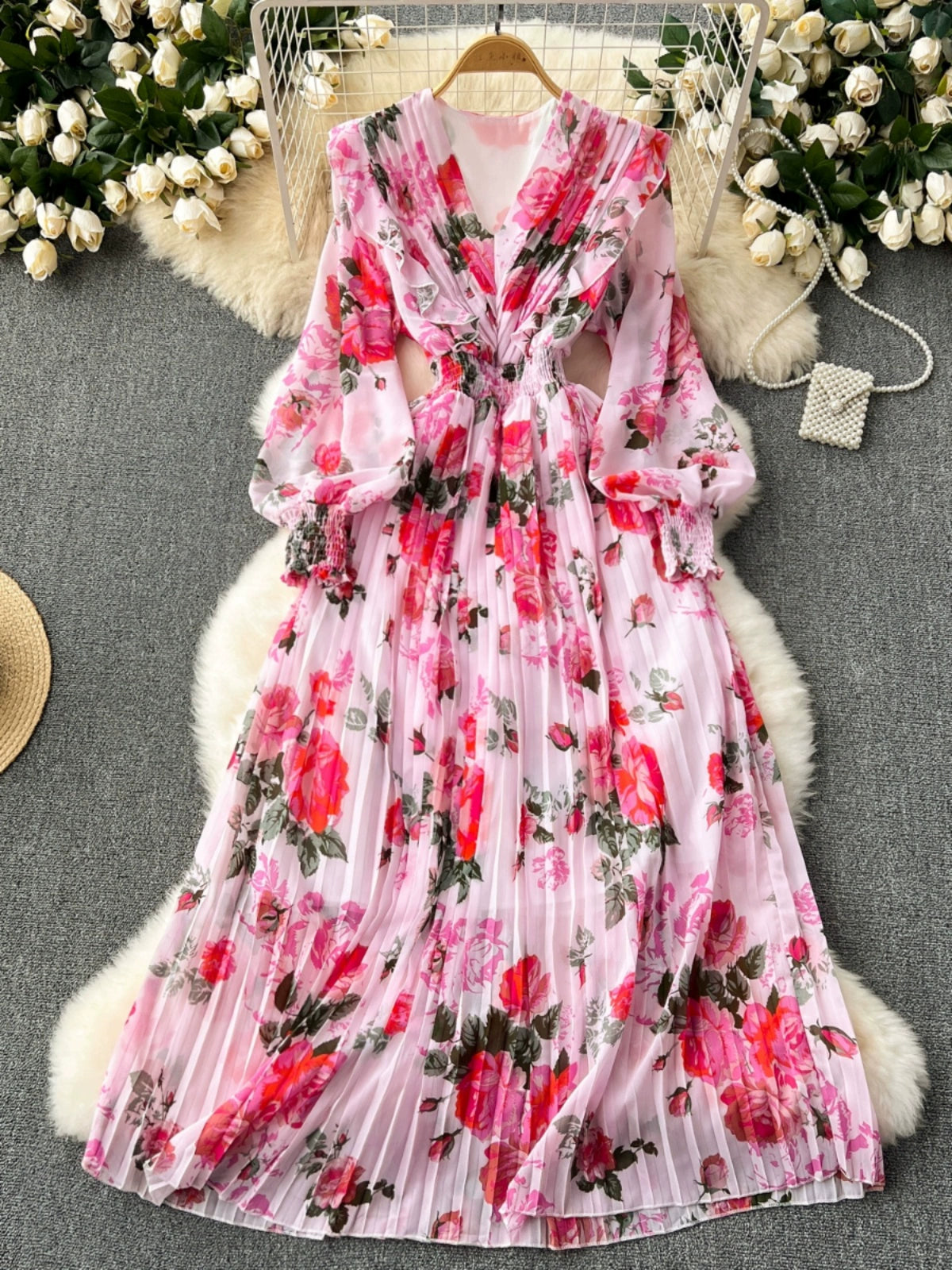 Macy French Style Retro Dress Women's Niche Style Lightly Mature Floral Chiffon Fairy Dress Tight Waist Slim Looking Elegant Pleated Long Dress