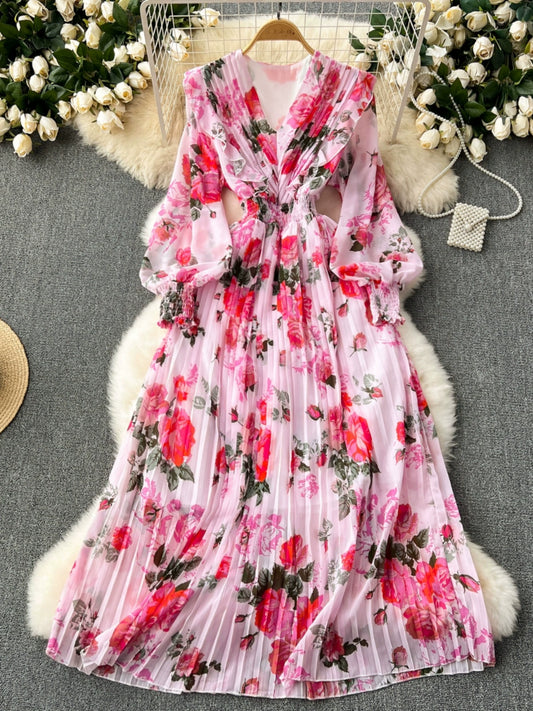 Macy French Style Retro Dress Women's Niche Style Lightly Mature Floral Chiffon Fairy Dress Tight Waist Slim Looking Elegant Pleated Long Dress