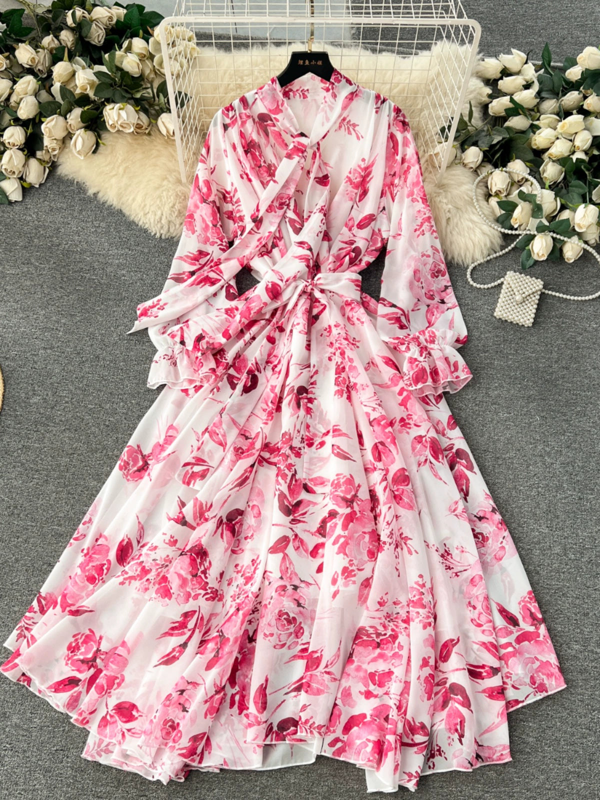 Elegance Graceful Spring Clothing Long Big Swing Chiffon Dress