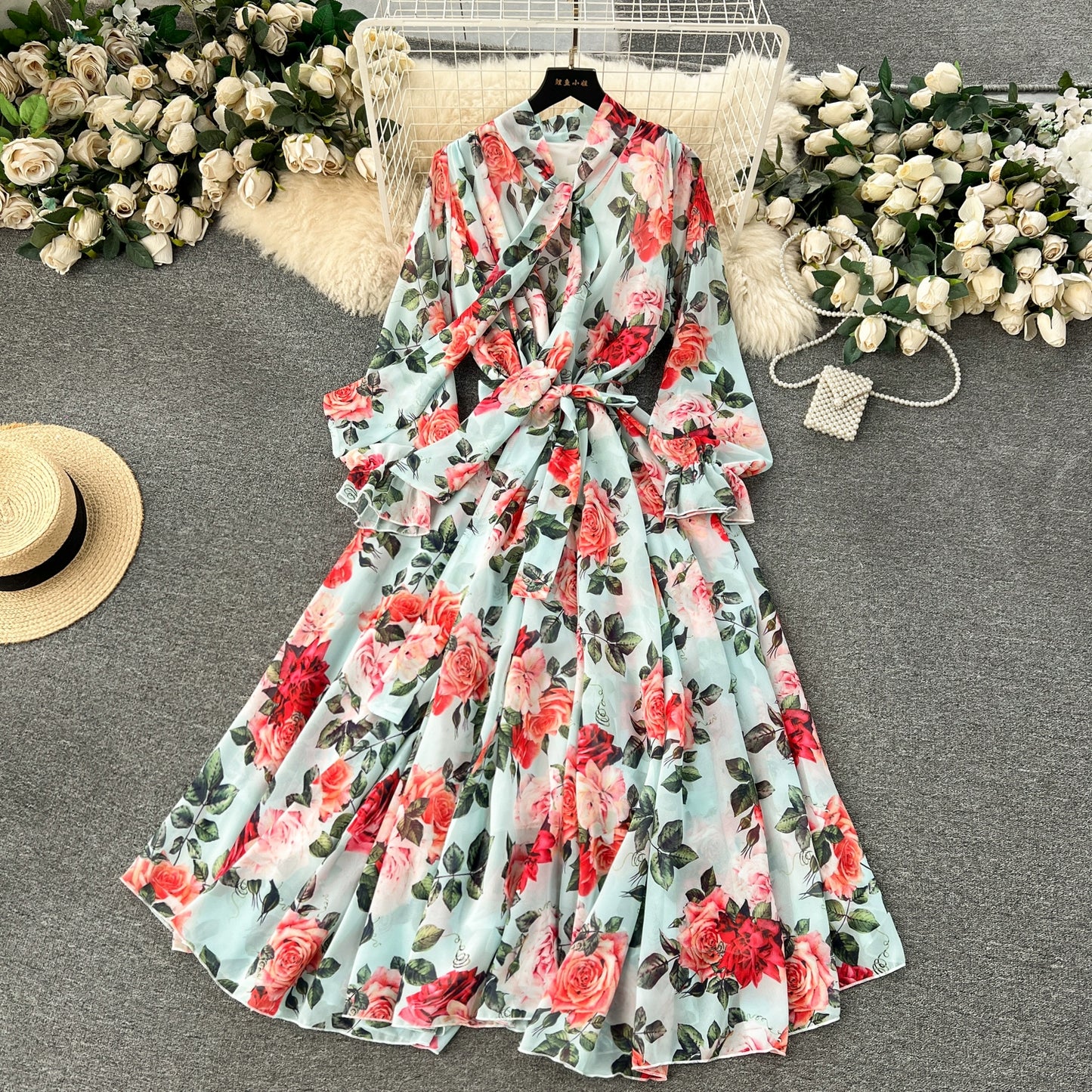 Elegance Graceful Spring Clothing Long Big Swing Chiffon Dress