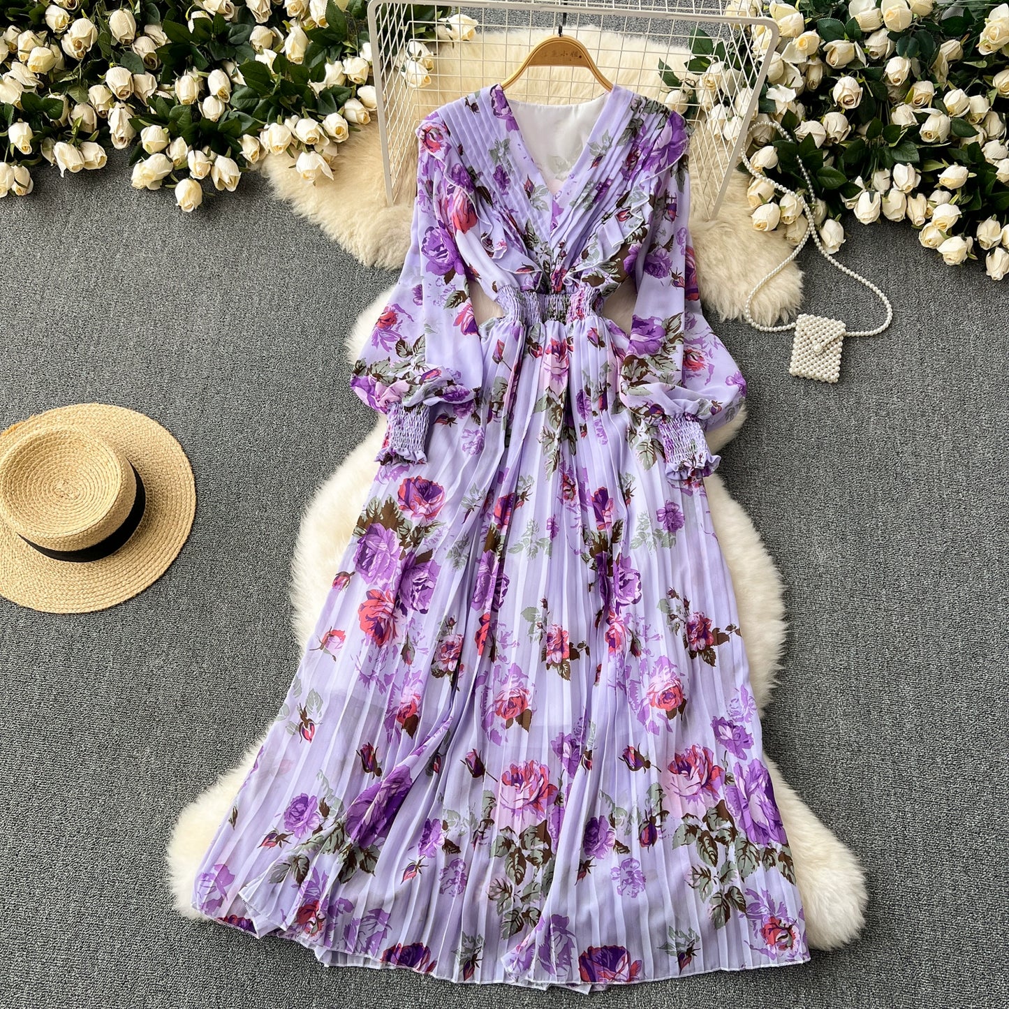Macy French Style Retro Dress Women's Niche Style Lightly Mature Floral Chiffon Fairy Dress Tight Waist Slim Looking Elegant Pleated Long Dress