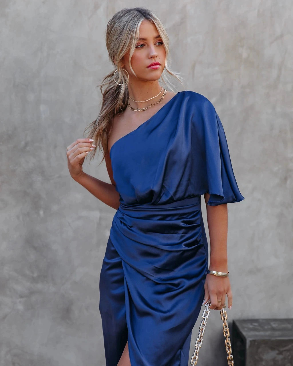 Gacy Blue Elegant Women Dress Blue Elegance Graceful Satin Lapel Long Sleeves Wrap Dress