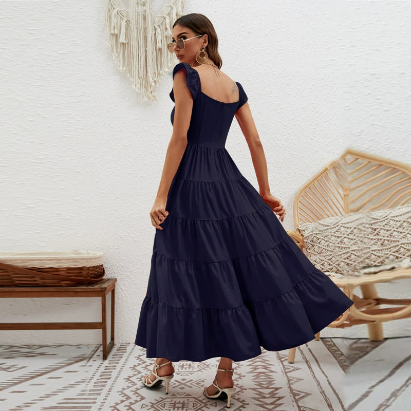 Collarless Short Babs Sleeved Waistband Dress Collarless Short Sleeve Waist-Controlled Long Dress