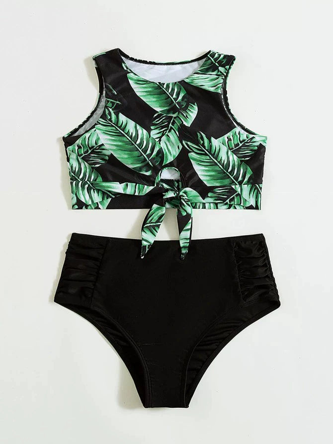 Babs Hot Spring Sexy Swimsuit Leaf Printed Bikini European and American Sexy Bikini Female High Waist Vest-Style Separates Swimsuit