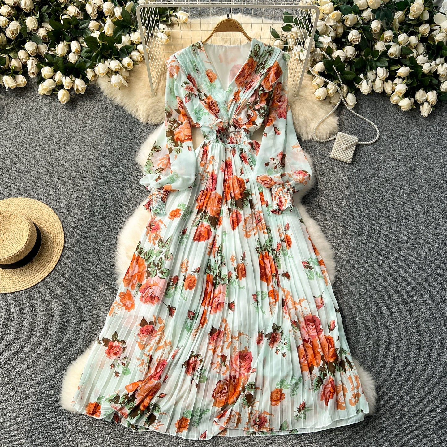 Macy French Style Retro Dress Women's Niche Style Lightly Mature Floral Chiffon Fairy Dress Tight Waist Slim Looking Elegant Pleated Long Dress