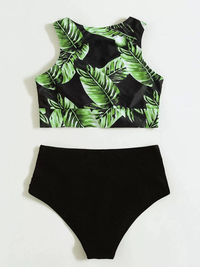 Babs Hot Spring Sexy Swimsuit Leaf Printed Bikini European and American Sexy Bikini Female High Waist Vest-Style Separates Swimsuit