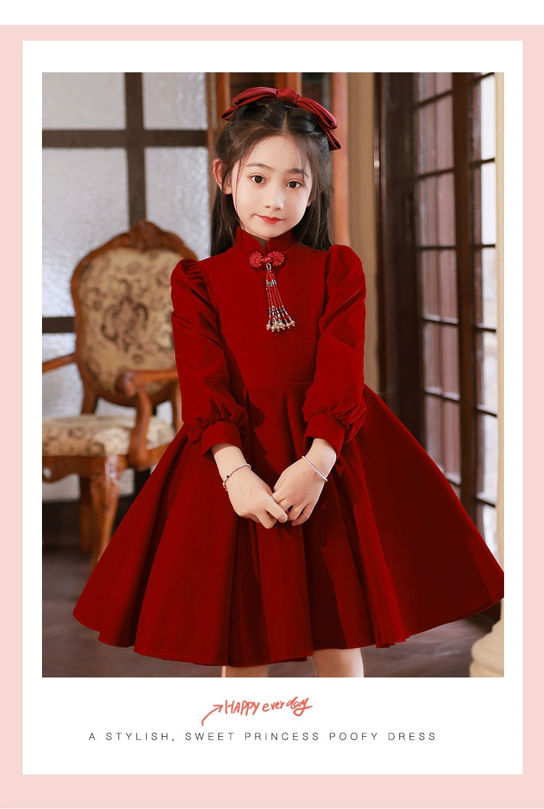 Macy Red High-End Long-Sleeved Piano Performance Children's Dress