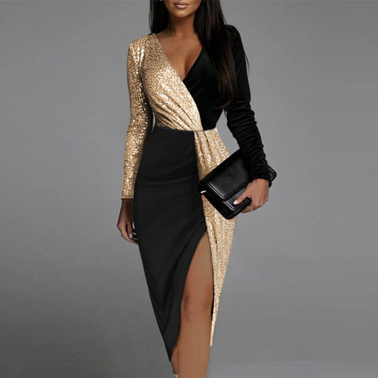 Maxy Sequin V Neck Sexy Slit Color Block Asymmetrical Dress Women Sexy Party Dress