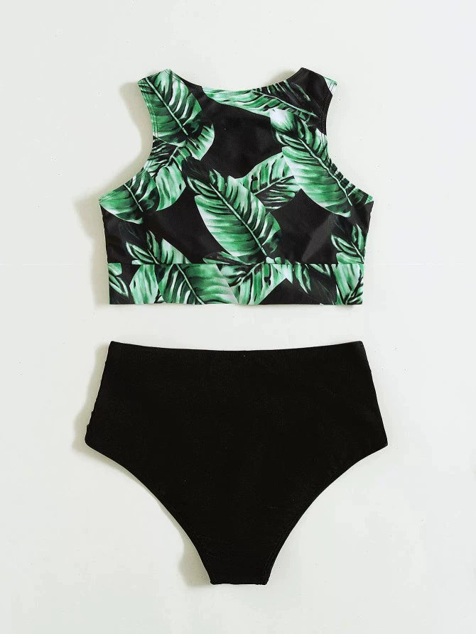 Babs Hot Spring Sexy Swimsuit Leaf Printed Bikini European and American Sexy Bikini Female High Waist Vest-Style Separates Swimsuit