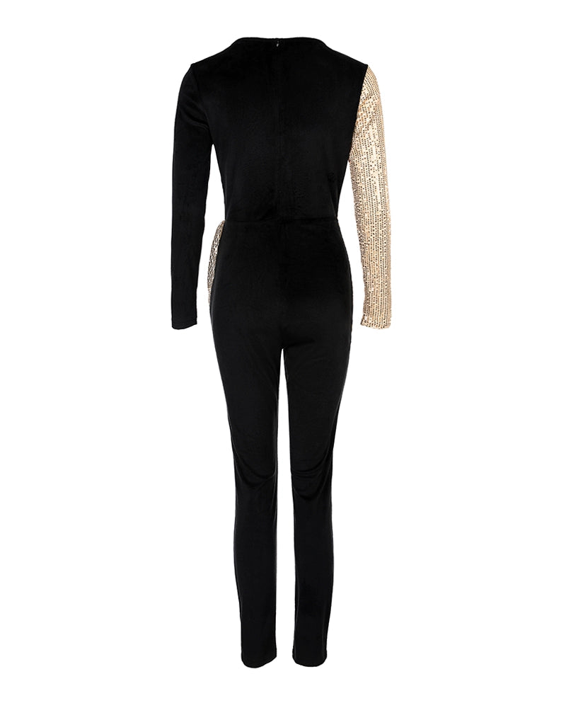 Babs Color Matching Jumpsuit Sequins Velvet Long Sleeve Jumpsuit