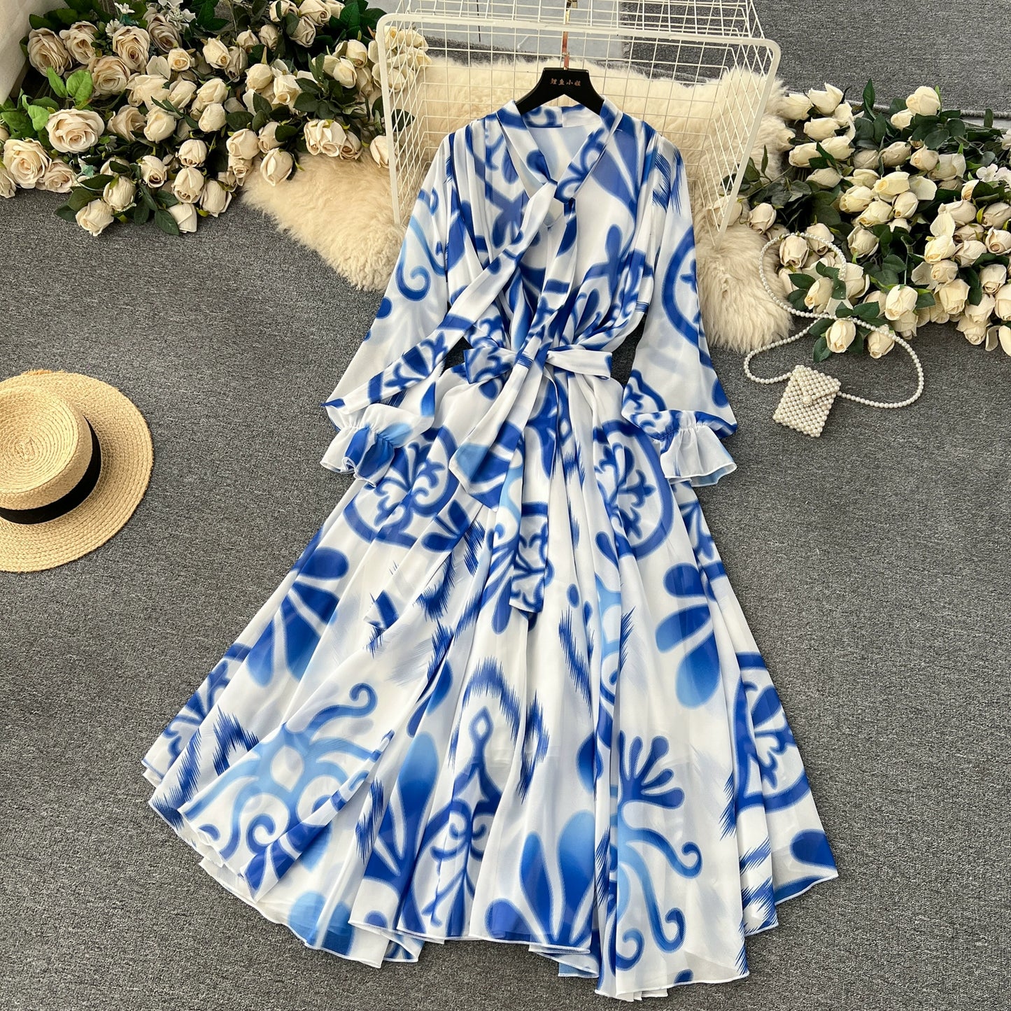 Elegance Graceful Spring Clothing Long Big Swing Chiffon Dress