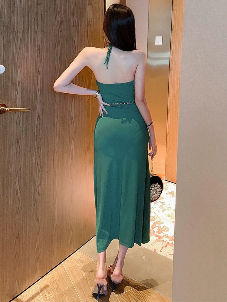 Sexy Goddess Sleeveless Dress Slim Fit Slit Halterneck