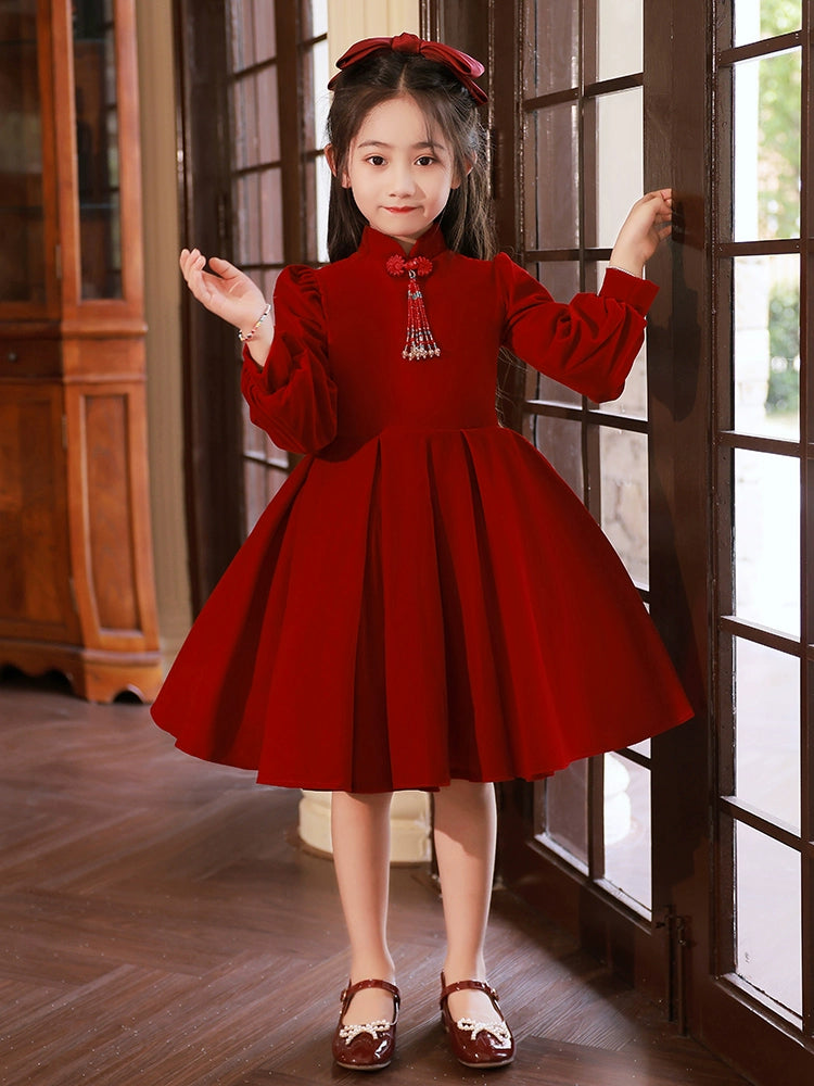 Macy Red High-End Long-Sleeved Piano Performance Children's Dress