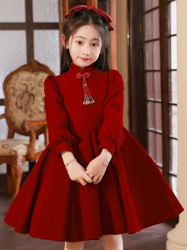 Macy Red High-End Long-Sleeved Piano Performance Children's Dress