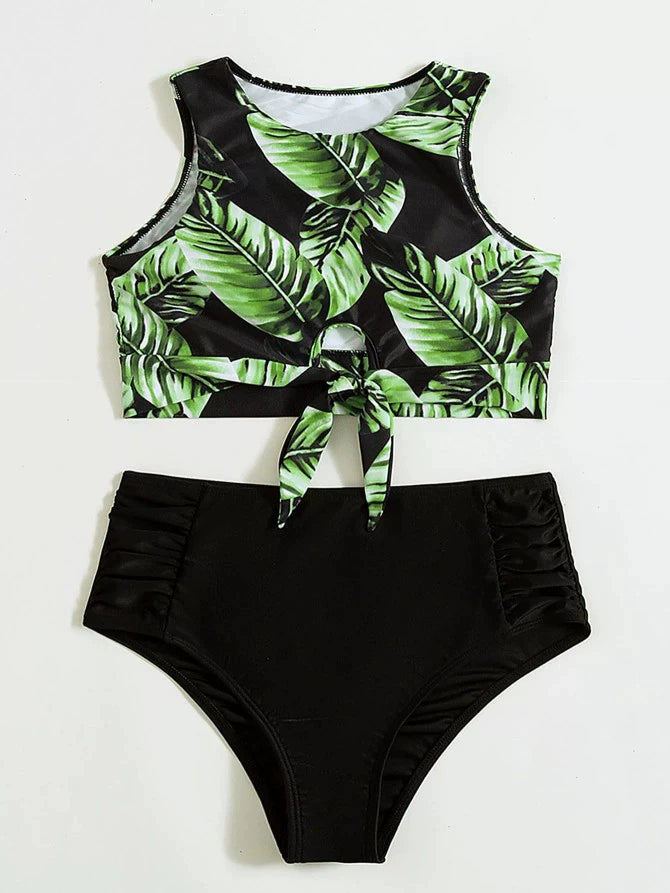 Babs Hot Spring Sexy Swimsuit Leaf Printed Bikini European and American Sexy Bikini Female High Waist Vest-Style Separates Swimsuit