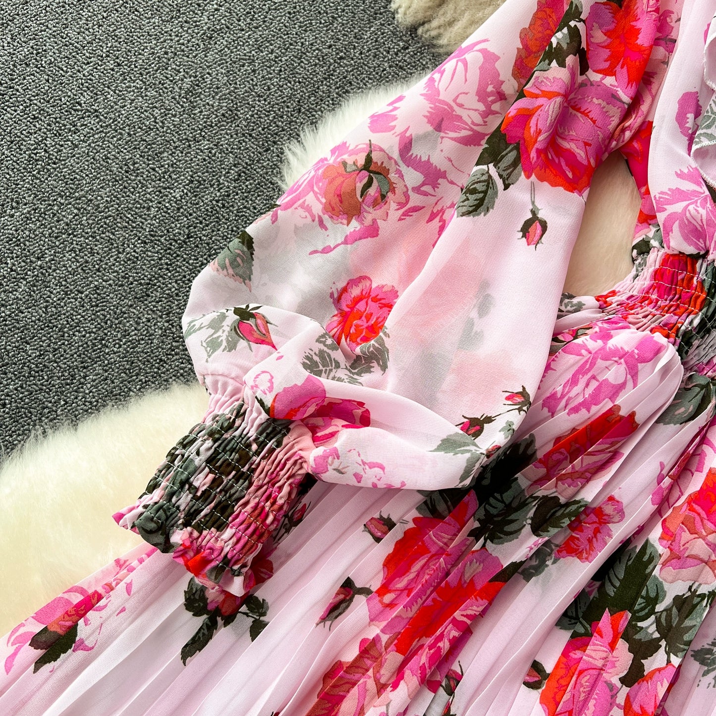 Macy French Style Retro Dress Women's Niche Style Lightly Mature Floral Chiffon Fairy Dress Tight Waist Slim Looking Elegant Pleated Long Dress