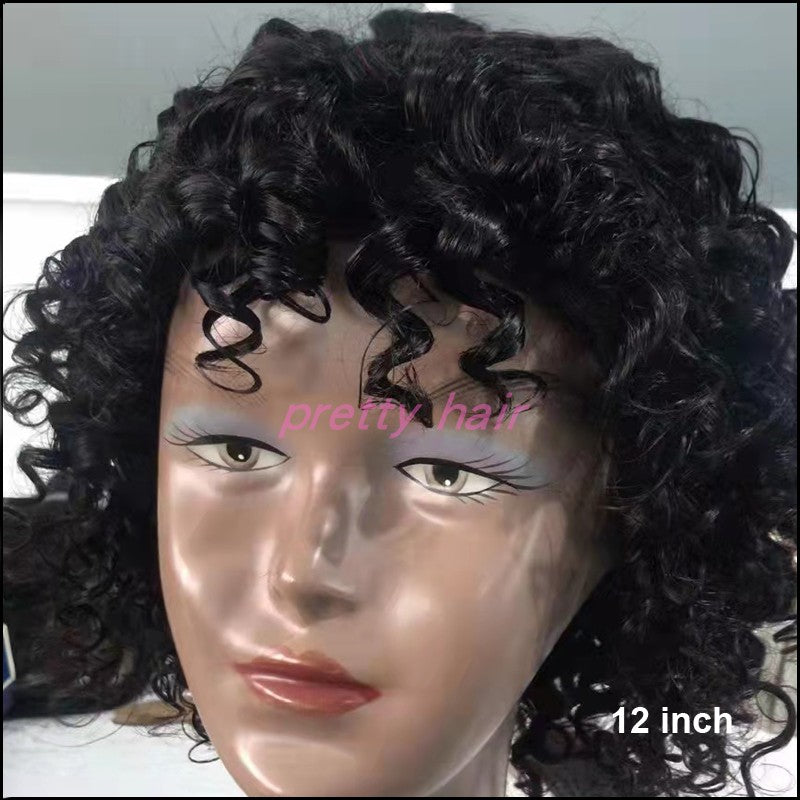 Maxy 10A Bouncy Curly Peruvian Human Hair Glueless Wigs with Bang