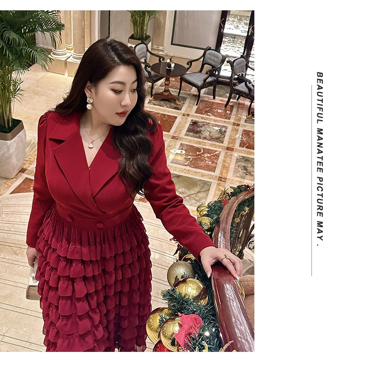 Macy Plus Size Ladies Fashion Elegance Red Cake Suit