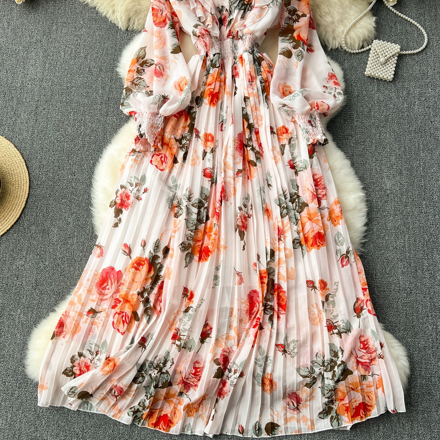 Macy French Style Retro Dress Women's Niche Style Lightly Mature Floral Chiffon Fairy Dress Tight Waist Slim Looking Elegant Pleated Long Dress