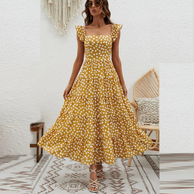 Collarless Short Babs Sleeved Waistband Dress Collarless Short Sleeve Waist-Controlled Long Dress