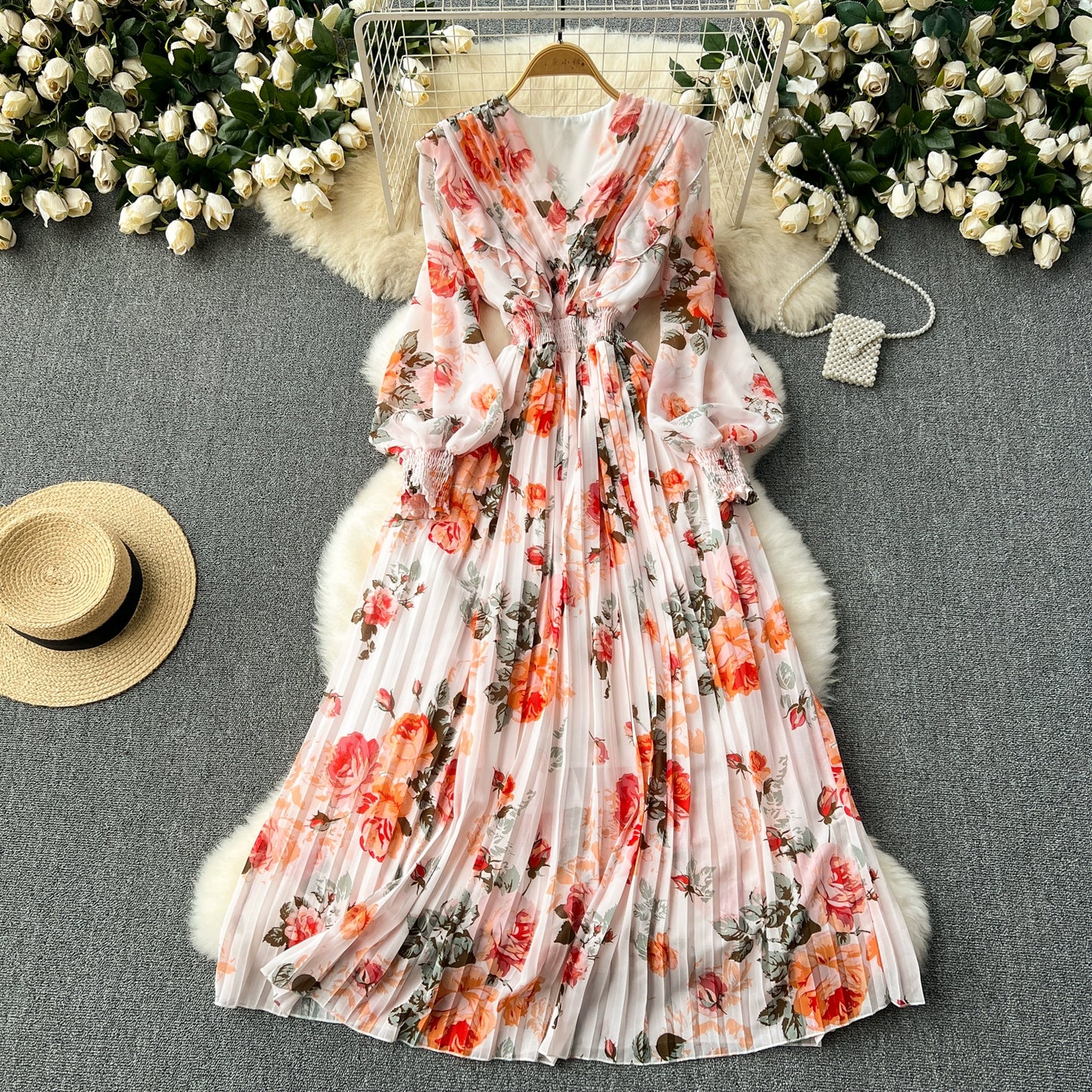 Macy French Style Retro Dress Women's Niche Style Lightly Mature Floral Chiffon Fairy Dress Tight Waist Slim Looking Elegant Pleated Long Dress