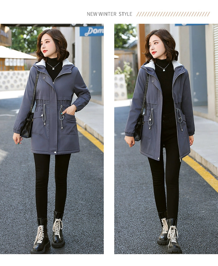 Gacy Fleece-lined Mid Length Long Length Autumn and Winter Casual Cotton-Padded Jacket Trench Coat