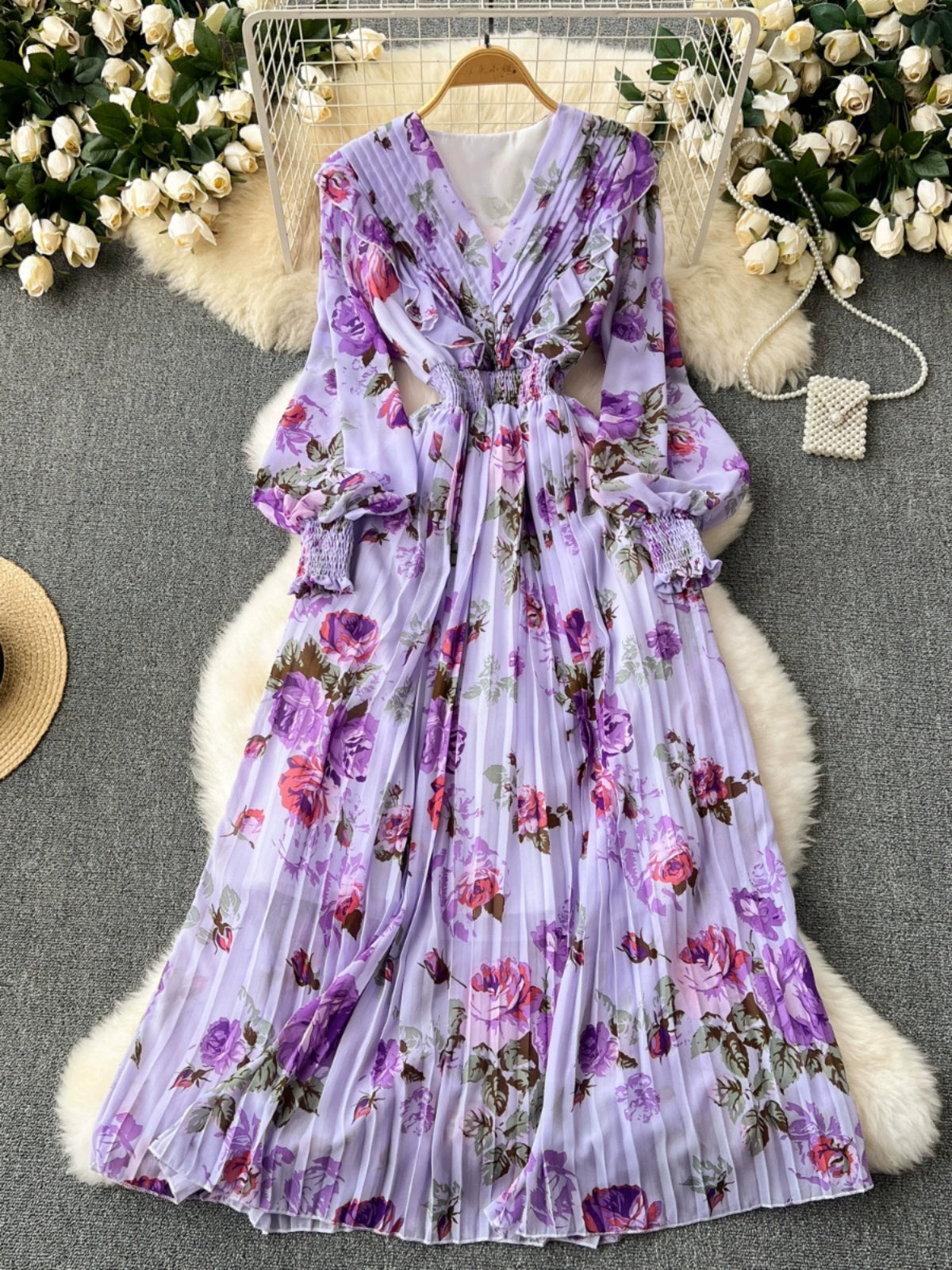 Macy French Style Retro Dress Women's Niche Style Lightly Mature Floral Chiffon Fairy Dress Tight Waist Slim Looking Elegant Pleated Long Dress