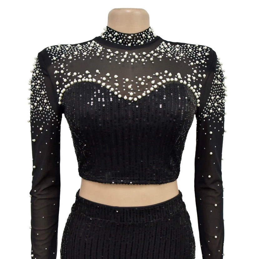 Amay Women's Sparkle Pearls Sequins Top Maxy Skirt Set Glitter