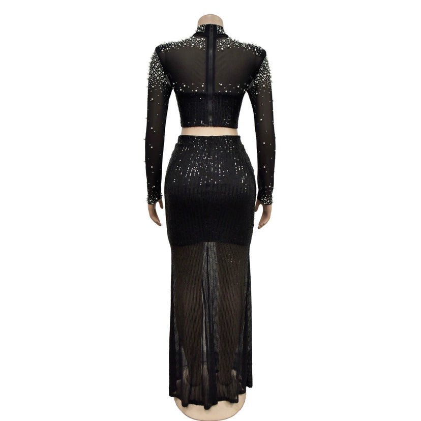 Amay Women's Sparkle Pearls Sequins Top Maxy Skirt Set Glitter