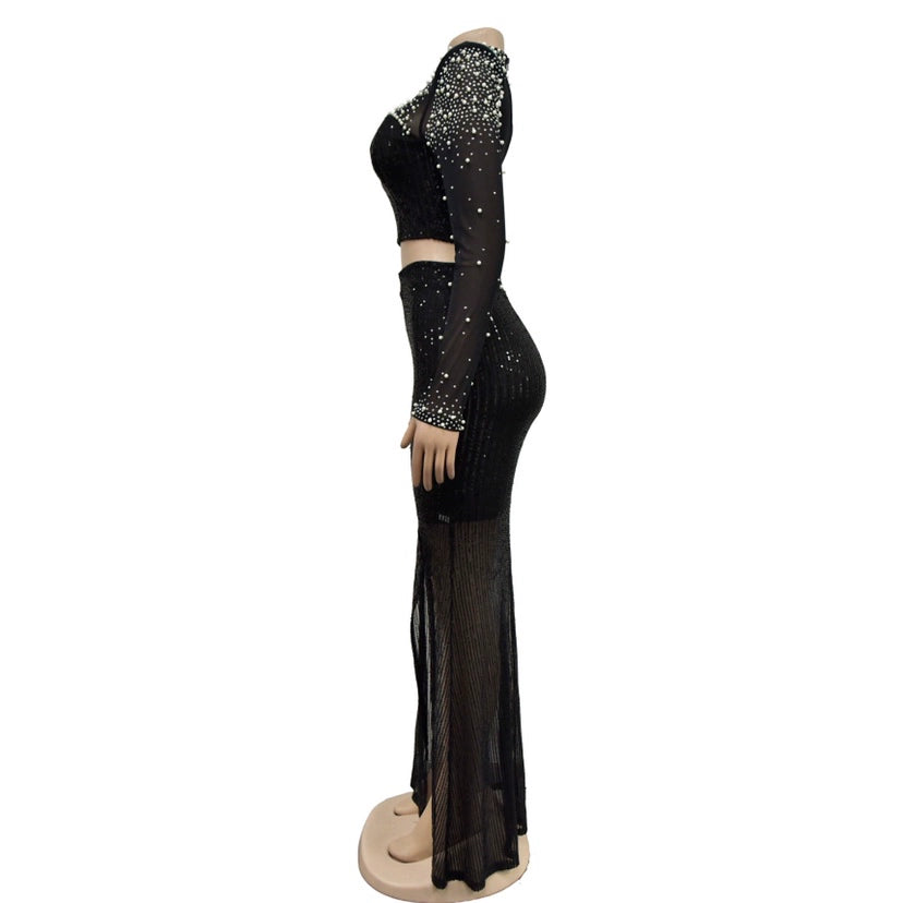 Amay Women's Sparkle Pearls Sequins Top Maxy Skirt Set Glitter