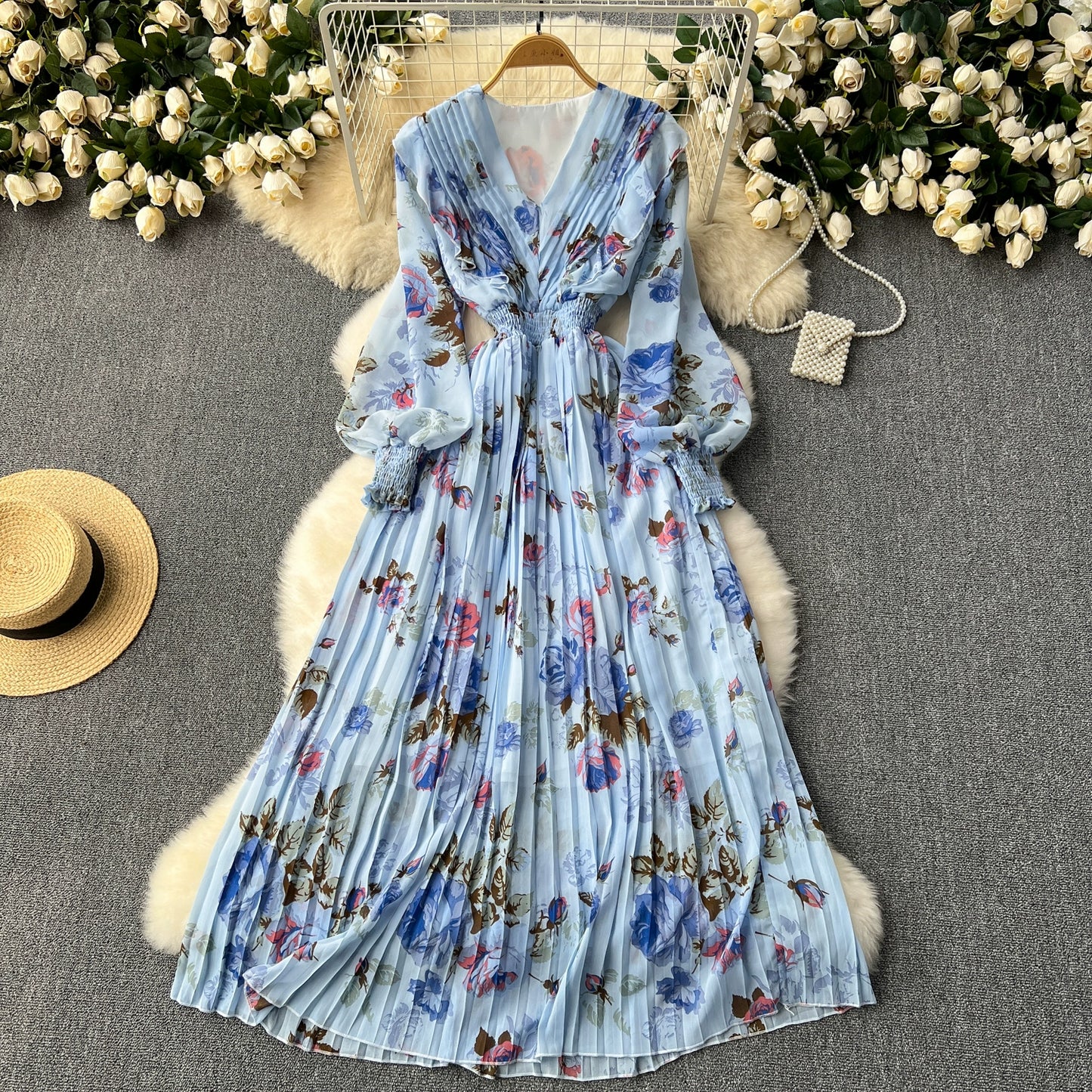 Macy French Style Retro Dress Women's Niche Style Lightly Mature Floral Chiffon Fairy Dress Tight Waist Slim Looking Elegant Pleated Long Dress