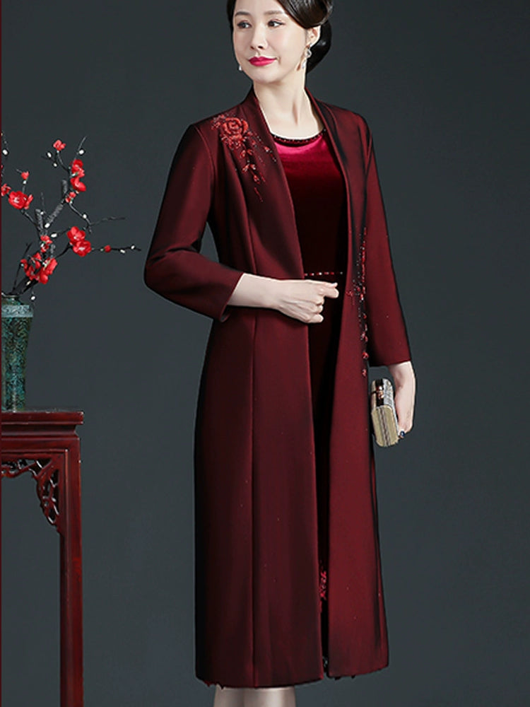 Maxy Classy Wedding Mom Dress Outwear Daily Style Mid Length Long Length Trench Coat Plus Size Middle-Aged Women's Spring and Autumn Clothing Overcoat