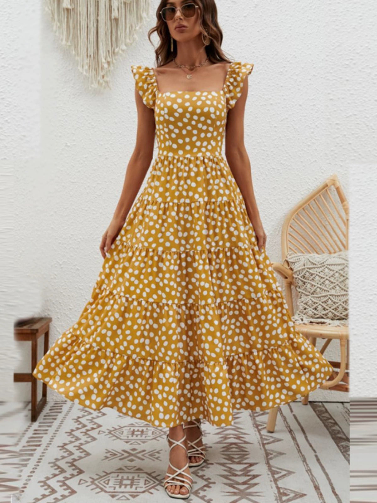 Collarless Short Babs Sleeved Waistband Dress Collarless Short Sleeve Waist-Controlled Long Dress