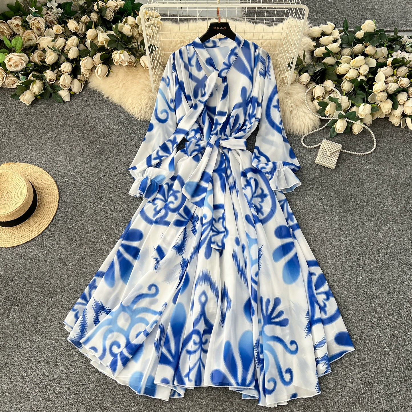 Elegance Graceful Spring Clothing Long Big Swing Chiffon Dress