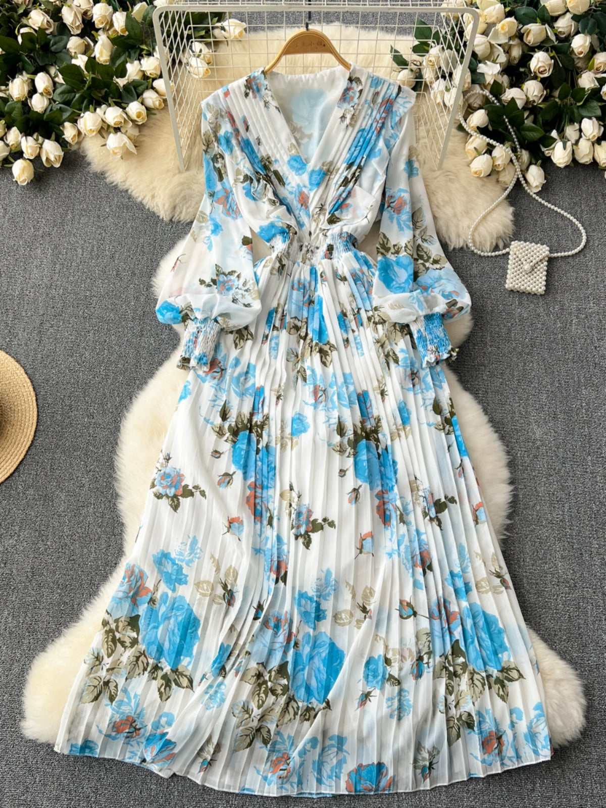Macy French Style Retro Dress Women's Niche Style Lightly Mature Floral Chiffon Fairy Dress Tight Waist Slim Looking Elegant Pleated Long Dress