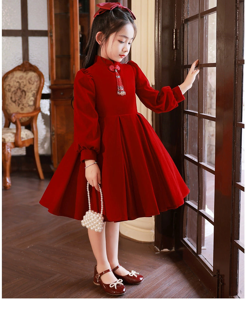 Macy Red High-End Long-Sleeved Piano Performance Children's Dress