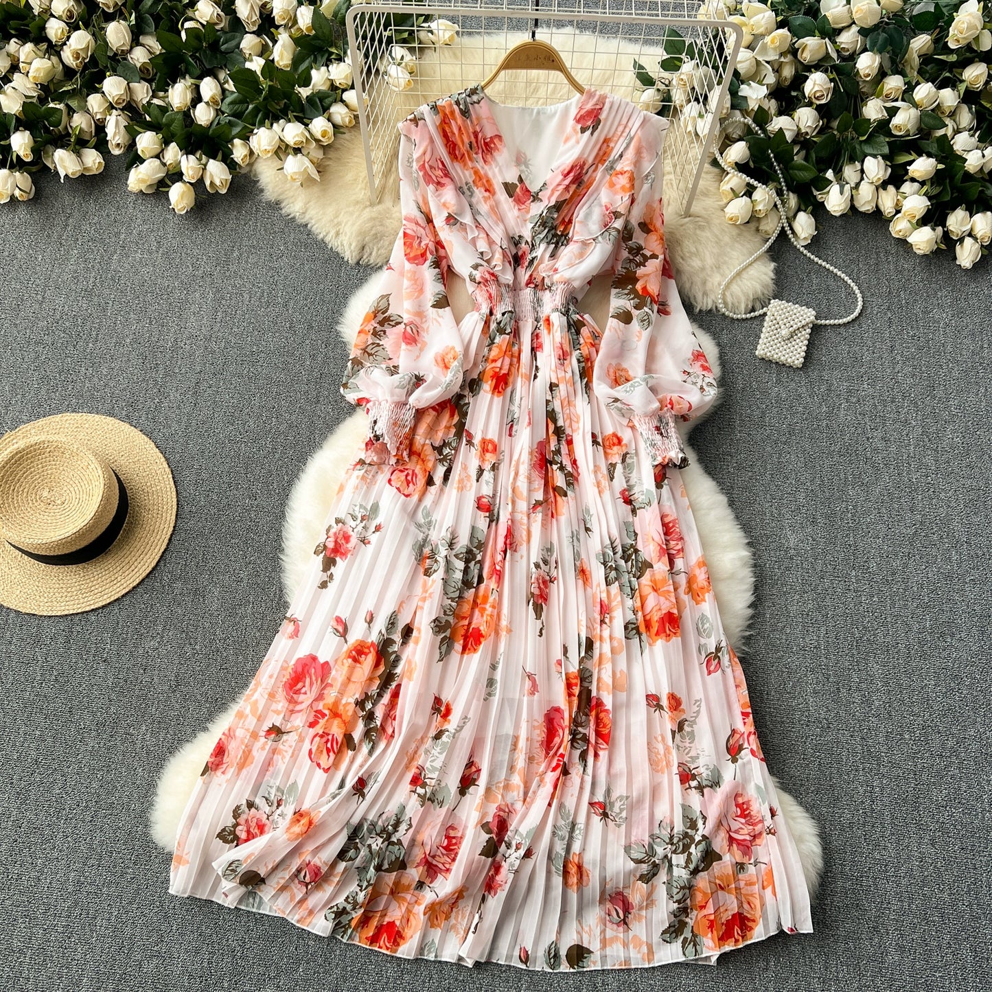 Macy French Style Retro Dress Women's Niche Style Lightly Mature Floral Chiffon Fairy Dress Tight Waist Slim Looking Elegant Pleated Long Dress