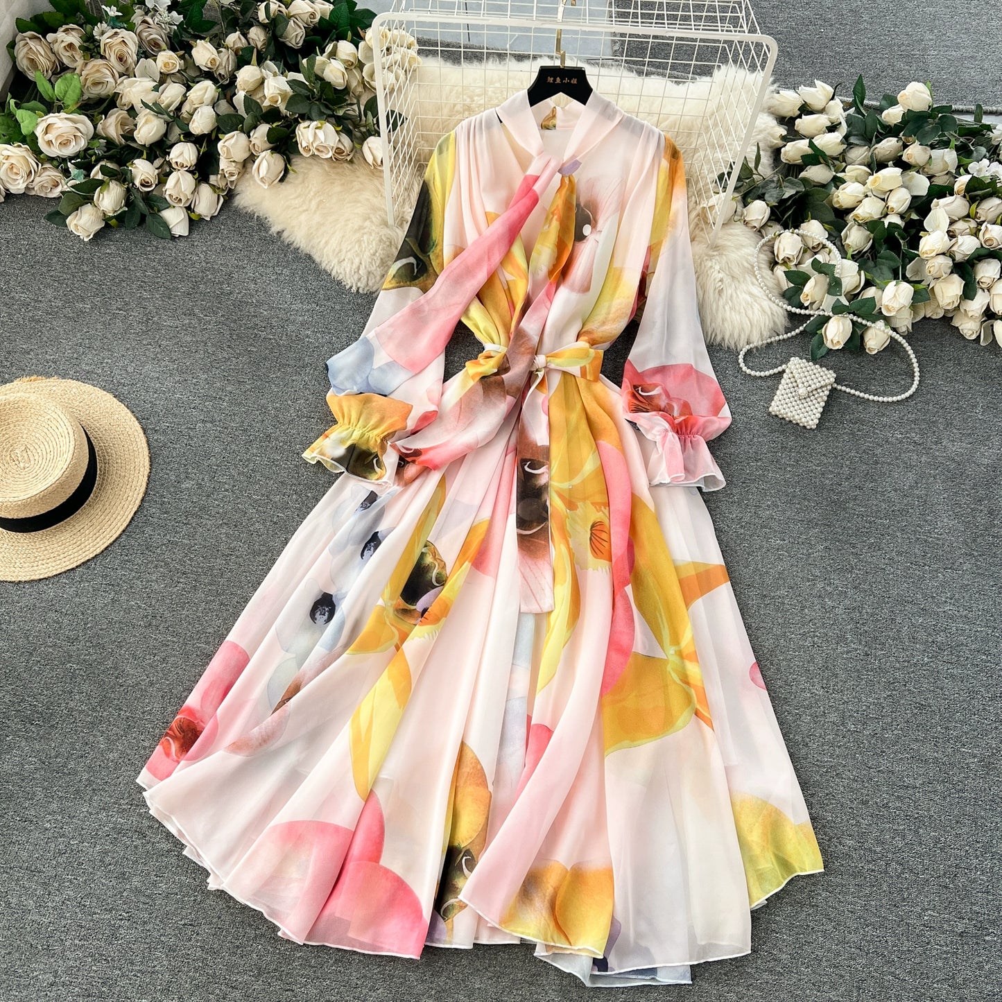 Elegance Graceful Spring Clothing Long Big Swing Chiffon Dress