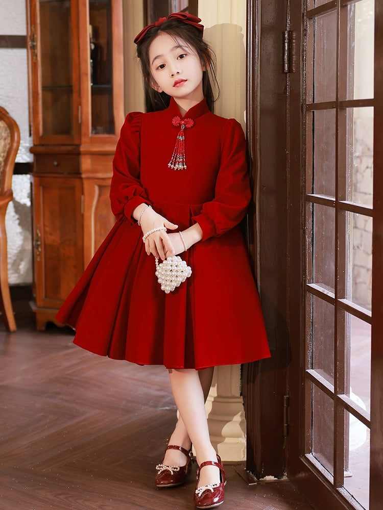 Macy Red High-End Long-Sleeved Piano Performance Children's Dress